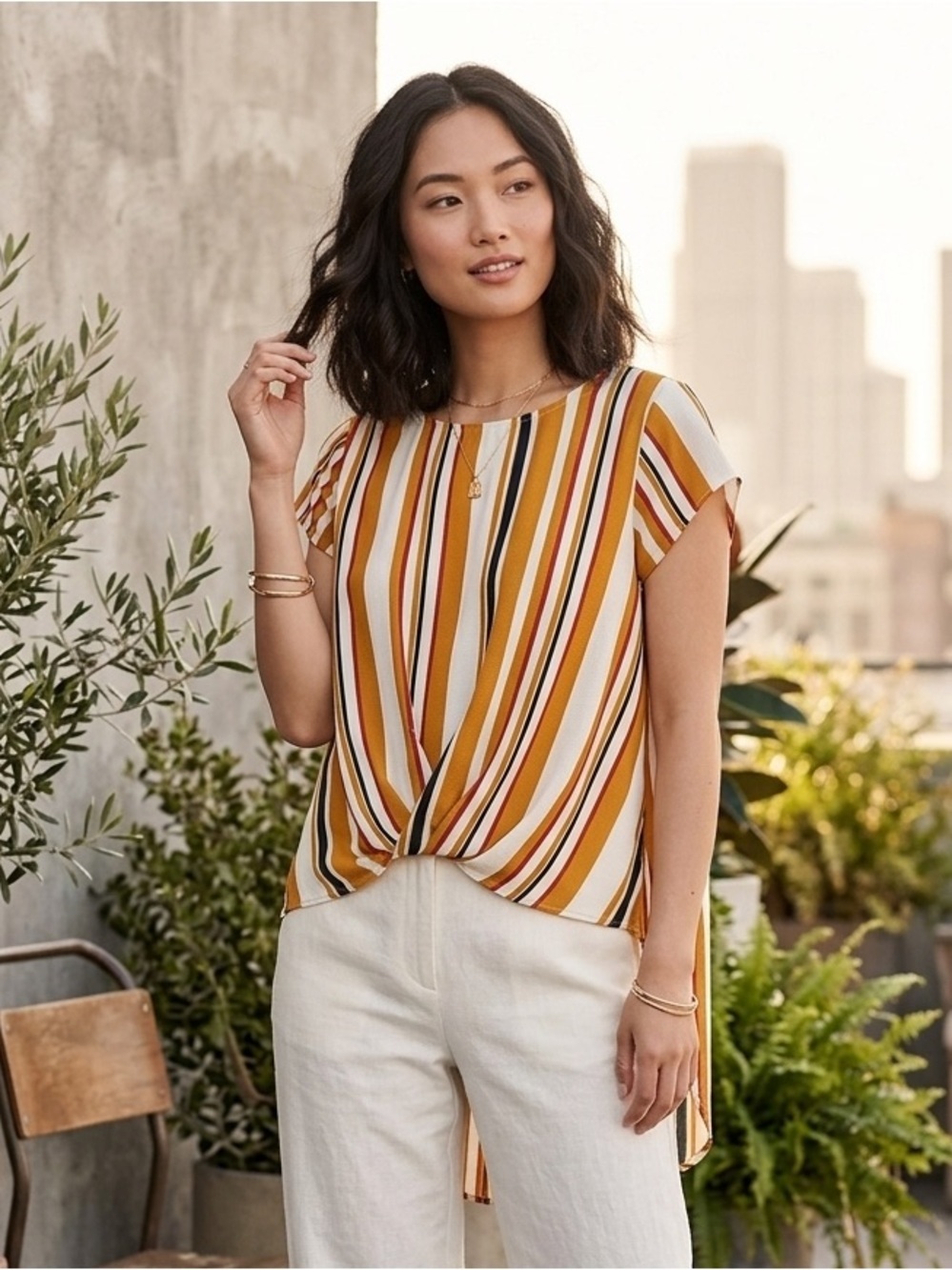 Allyhea Striped High Low Blouse Top Size Large Mustard White Navy Pink